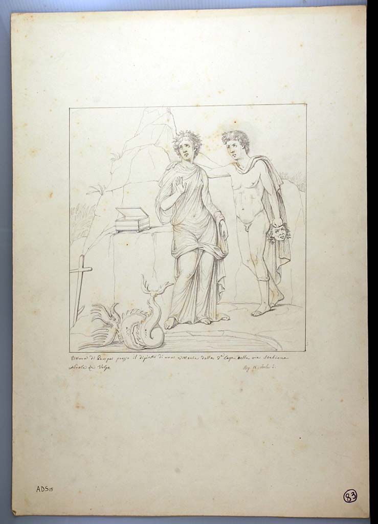 I.3.25 Pompeii. 1870 drawing by Nicola La Volpe of painting of Perseus and Andromeda, seen on east wall of cubiculum.
See Sogliano, A., 1879. Le pitture murali campane scoverte negli anni 1867-79. Napoli: Giannini. (p.91, no.519).
Now in Naples Archaeological Museum. Inventory number ADS 15.
Photo © ICCD. http://www.catalogo.beniculturali.it
Utilizzabili alle condizioni della licenza Attribuzione - Non commerciale - Condividi allo stesso modo 2.5 Italia (CC BY-NC-SA 2.5 IT)