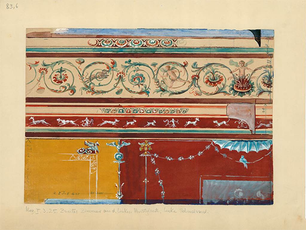 I.3.25 Pompeii. 1880 watercolour of decoration of east wall of cubiculum.
DAIR 83.6. Photo © Deutsches Archäologisches Institut, Abteilung Rom, Arkiv.