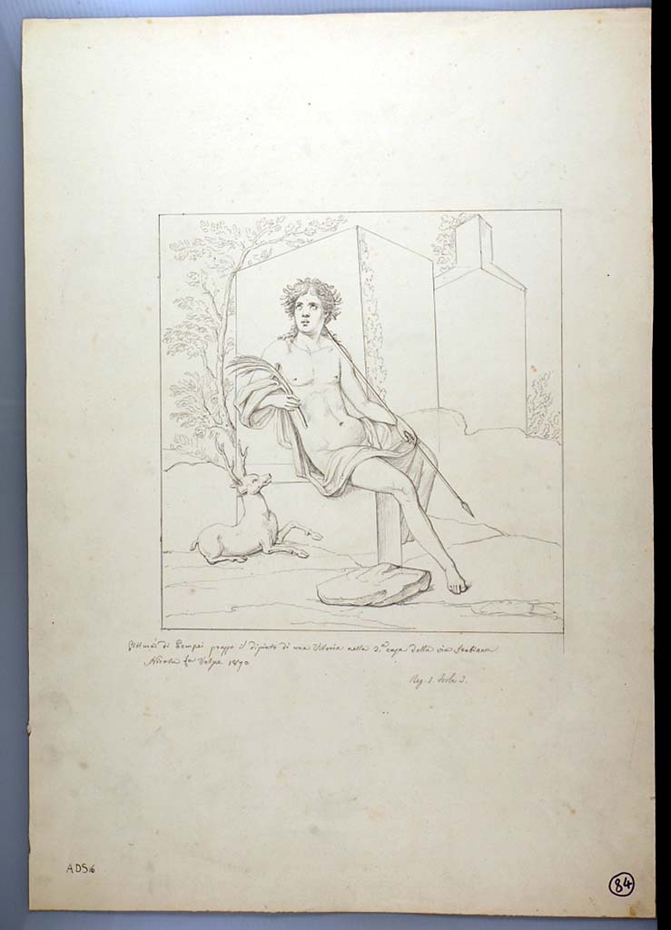 I.3.25 Pompeii. 1870 drawing by Nicola La Volpe of painting of Cyparissus seen in centre of south wall.
The painting was stolen in 1977.
See Sogliano, A., 1879. Le pitture murali campane scoverte negli anni 1867-79. Napoli: Giannini. (p.28, no.109).
Now in Naples Archaeological Museum. Inventory number ADS 16.
Photo © ICCD. http://www.catalogo.beniculturali.it
Utilizzabili alle condizioni della licenza Attribuzione - Non commerciale - Condividi allo stesso modo 2.5 Italia (CC BY-NC-SA 2.5 IT)