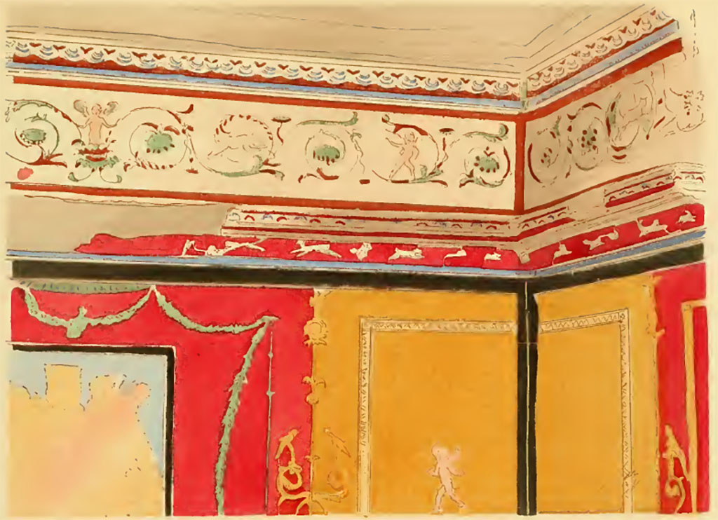 I.3.25 Pompeii. Undated painting by Pierre Gusman of detail of upper wall in the cubiculum, south-west corner.
Described as - XXI. 1° Frise d'une chambre du quatrième style (Région 1, 2, 25).
See Gusman P., 1924. La Décoration Murale de Pompei. Paris : Morancé, pl. XXI,1.