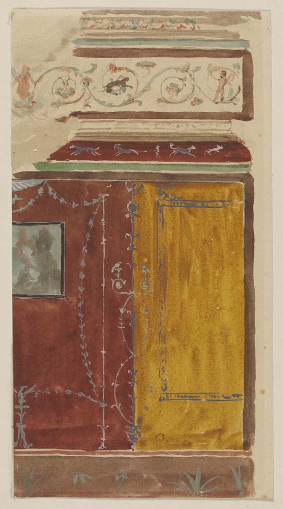 I.3.25 Pompeii. Undated painting by Luigi Bazzani showing west end of south wall of cubiculum.
Photo © Victoria and Albert Museum. Inventory number 2044-1900.