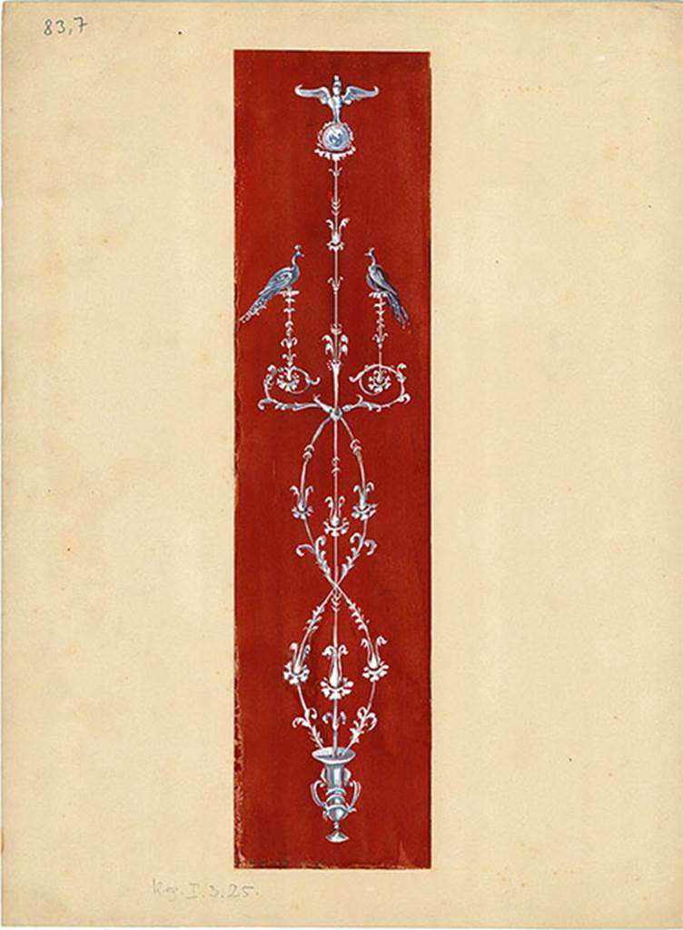 I.3.25 Pompeii. 1880 watercolour of two peacocks on stylized vegetal branches rising from a vase from cubiculum on the south side of the peristyle
DAIR 83.7. Photo © Deutsches Archäologisches Institut, Abteilung Rom, Arkiv.