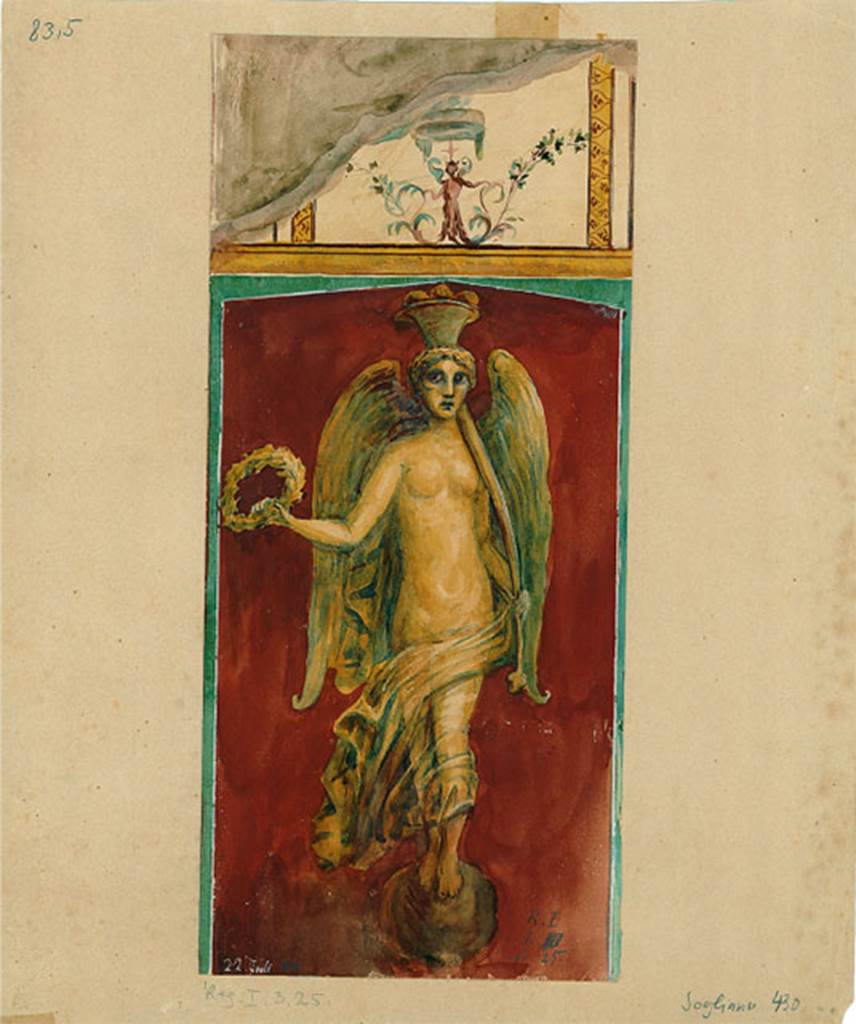 I.3.25 Pompeii. 1880 watercolour of Nike (Victory) with yellow transparent wings, on a red background, found on the south-west pilaster of the peristyle.
Nike is standing on a globe, holding a crown (and a cornucopia?).
DAIR 83, 5. Photo © Deutsches Archäologisches Institut, Abteilung Rom, Arkiv.