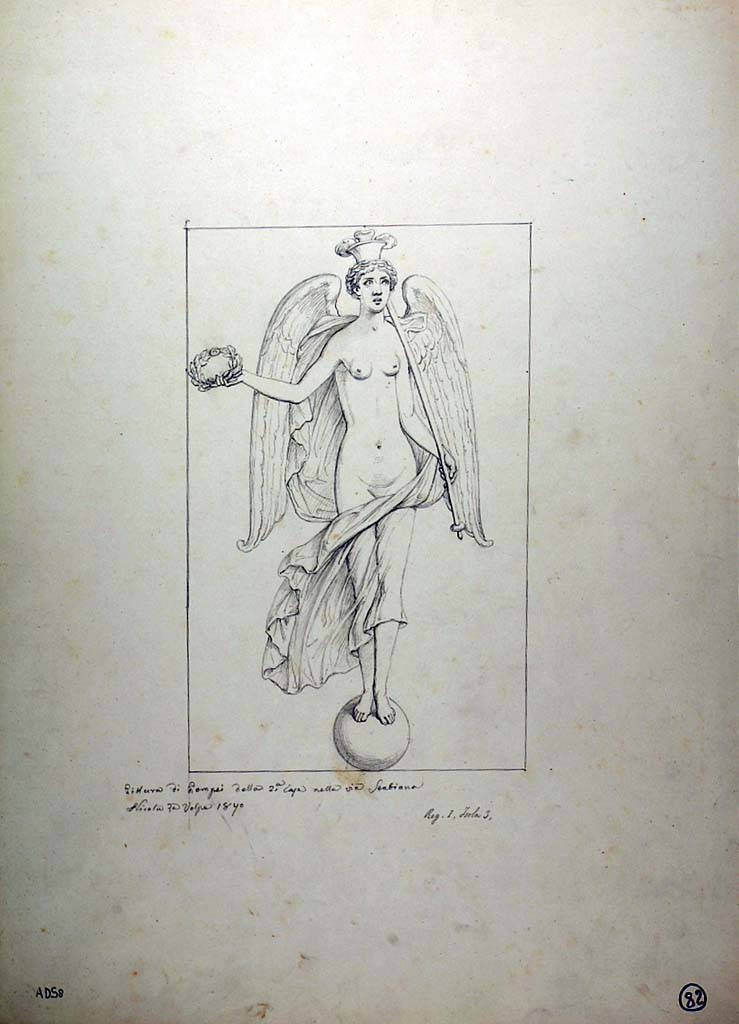 I.3.25 Pompeii. Drawing by Nicola La Volpe, 1870, of painting of Nike (Victory) from the east façade of the south-west pilaster of peristyle.
(see Sogliano 430, above.)
Now in Naples Archaeological Museum. Inventory number ADS 8.
Photo © ICCD. http://www.catalogo.beniculturali.it
Utilizzabili alle condizioni della licenza Attribuzione - Non commerciale - Condividi allo stesso modo 2.5 Italia (CC BY-NC-SA 2.5 IT)