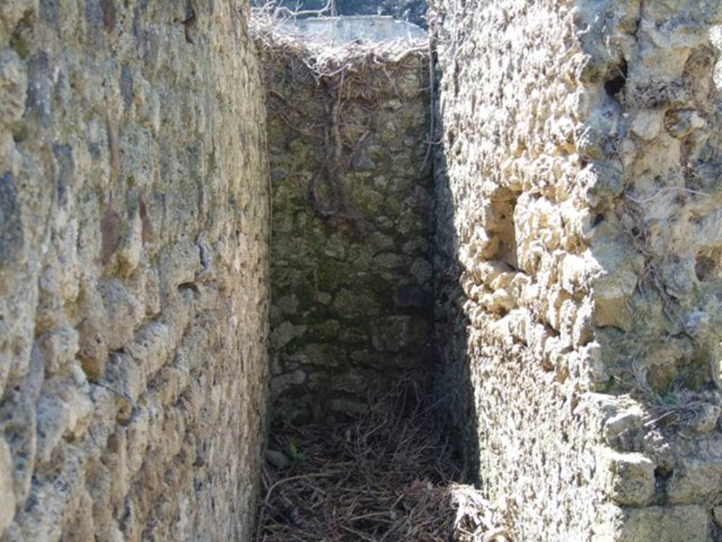 I.3.27 Pompeii. March 2009. Looking west at end of narrow corridor or steps to upper floor.
According to CTP, this narrow passageway would have had a doorway “blocked in antiquity” at its west end. See Van der Poel, H. B., 1986. Corpus Topographicum Pompeianum, Part IIIA. Austin: University of Texas. (p.6)