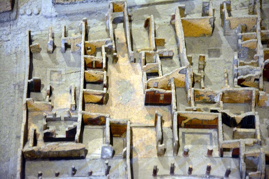 I.4.2 Pompeii, on left. October 2019. Looking west from rear rooms. On left is Vicolo del Menandro, 1.4.2 is on the right of the roadway.  
Foto Tobias Busen, ERC Grant 681269 DÉCOR.