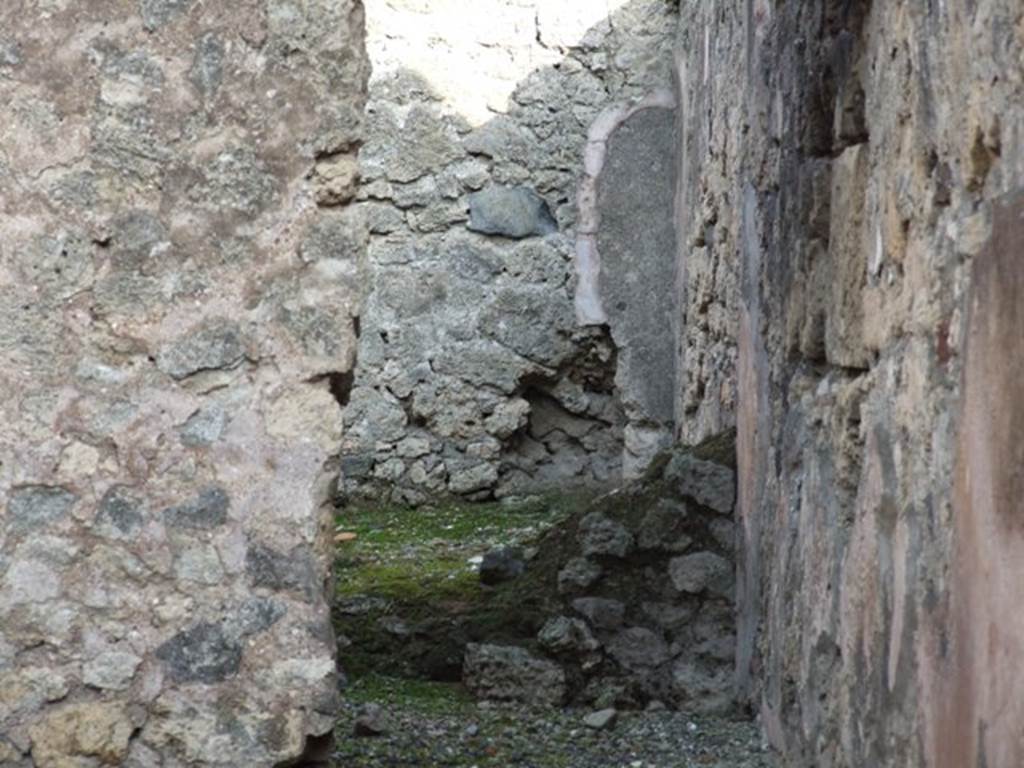 I.4.11 Pompeii. December 2007.  Looking east from first rear room with doorway to second rear room and to viridarium and latrine. Looking towards the south-east corner of the second rear room.  The latrine was in the south-east corner, according to Jashemski.
According to Boyce, on the north wall of the rear room was a lararium painting.  He described the Genius pouring a libation upon an altar; on each side of him stood a Lar. Below him was the painted altar with the two serpents. Below that was a masonry altar.
See Boyce G. K., 1937. Corpus of the Lararia of Pompeii. Rome: MAAR 14. (p.25) 
According to Jashemski, neither the lararium painting nor the masonry altar exists today. See Jashemski, W. F., 1993. The Gardens of Pompeii, Volume II: Appendices. New York: Caratzas. (p. 32)