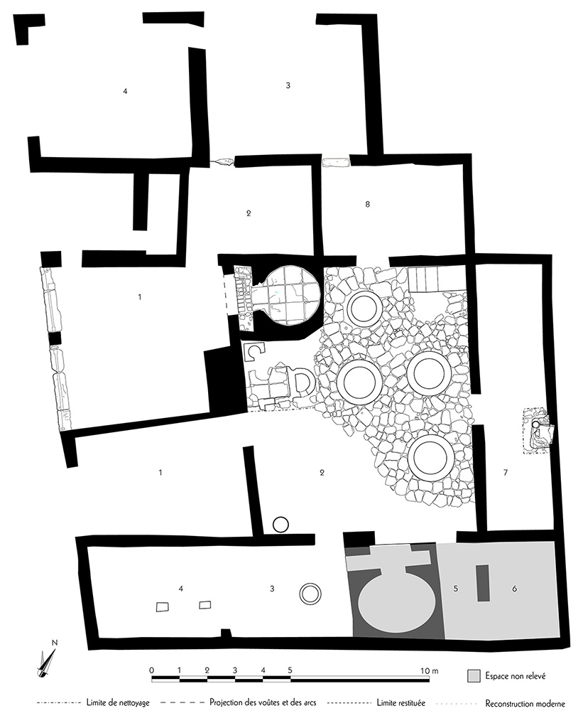 Fig. 13 – Pompéi, boulangeries I 4, 12 et I 4, 13-17 – Relevé des deux boulangeries.
Échelle : 1/100.
Relevé / dessin : N. Monteix / S. Mencarelli – EFR. Utilisation soumise à CC-BY-NC-SA 4.0