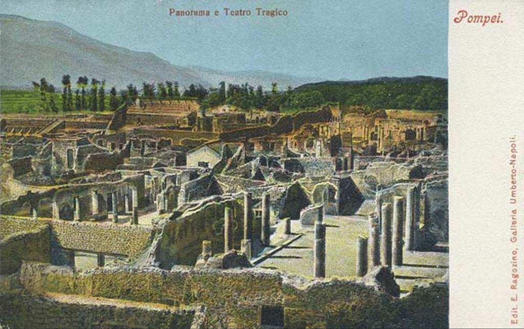 I.4.25 Pompeii. Late 19th or early 20th century postcard. Looking south-west across upper peristyle and middle peristyle. On the top left are the mountains of the Sorrentine peninsula, and beneath them on the left, is the theatre area. Photo courtesy of Rick Bauer.