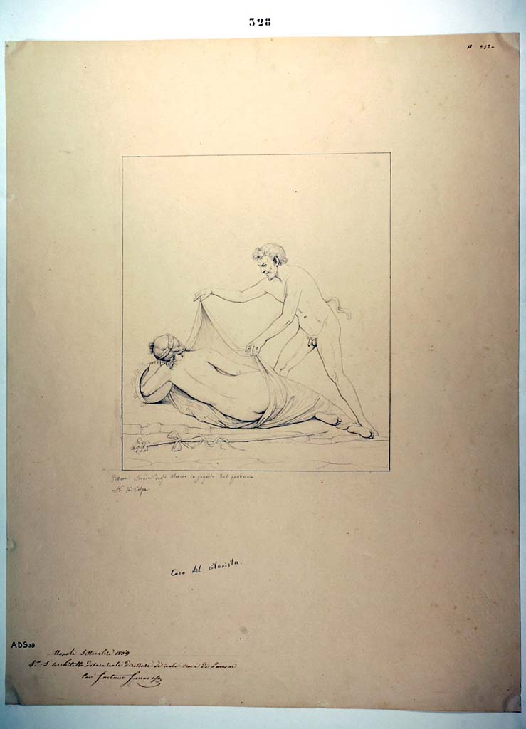 I.4.25 Pompeii. Room 50, centre of north wall. 
Drawing by Nicola La Volpe, 1859, of Satyr and Maenad seen in centre of north wall, but now completely faded.
See Helbig, W., 1868. Wandgemälde der vom Vesuv verschütteten Städte Campaniens. Leipzig: Breitkopf und Härtel, (542)
Now in Naples Archaeological Museum. Inventory number ADS 39.
Photo © ICCD. https://www.catalogo.beniculturali.it
Utilizzabili alle condizioni della licenza Attribuzione - Non commerciale - Condividi allo stesso modo 2.5 Italia (CC BY-NC-SA 2.5 IT)