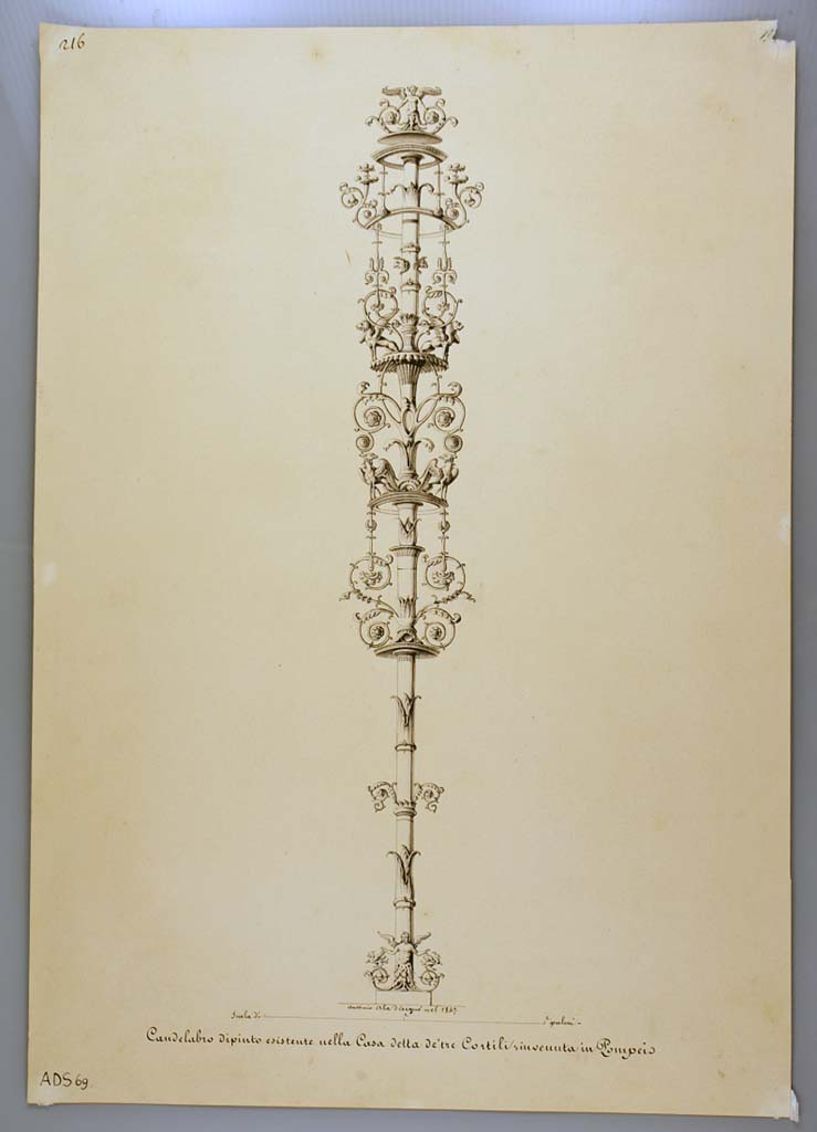 I.4.25 Pompeii. Drawing by Antonio Ala, 1847, of candelabra with grotesque figures.
Described as painted candelabra existing in house known as House of the Three Courtyards, but wall on which seen is not traceable.
Now in Naples Archaeological Museum. Inventory number ADS 69.
Photo © ICCD. https://www.catalogo.beniculturali.it
Utilizzabili alle condizioni della licenza Attribuzione - Non commerciale - Condividi allo stesso modo 2.5 Italia (CC BY-NC-SA 2.5 IT)