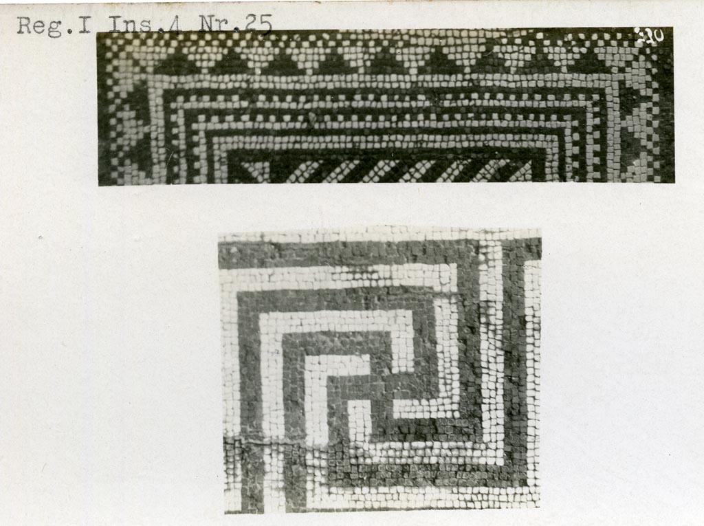I.4.25 Pompeii. Pre-1937-1939. 
Upper mosaic, not yet found, but perhaps from room 34 as it appears to be similar. 
Lower photo of mosaic probably from exedra, room 35
Photo courtesy of American Academy in Rome, Photographic Archive. Warsher collection no. 330.