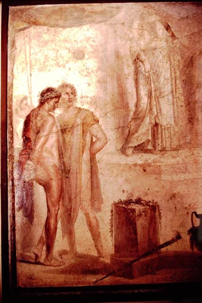 I.4.25 Pompeii. 1964. Room 35, detail from central painting on east wall of exedra.
Photo by Stanley A. Jashemski.
Source: The Wilhelmina and Stanley A. Jashemski archive in the University of Maryland Library, Special Collections (See collection page) and made available under the Creative Commons Attribution-Non Commercial License v.4. See Licence and use details. J64f1051