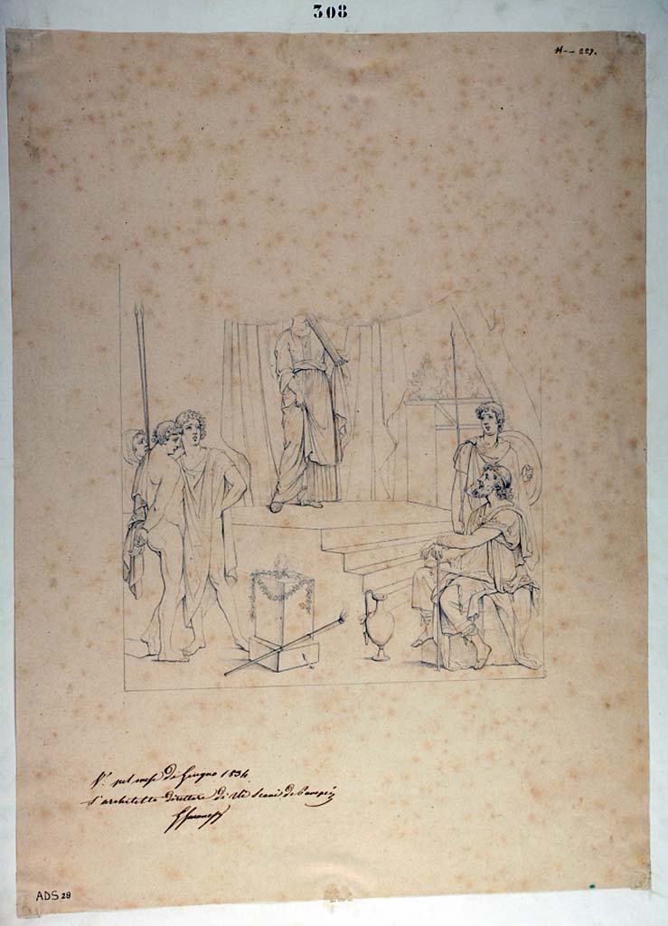 I.4.25 Pompeii. Room 35, exedra. Perhaps 1854. Drawing by Nicola La Volpe of wall painting from east wall. 
According to Disegnatori, June 1834 is the date seen on the note on the lower left of drawing.
See Carratelli, G. P., 2003. Pompei: La documentazione nell'Opera di disegnatori e pittori dei secoli XVIII e XIX. Roma: Istituto della enciclopedia italiana, p. 599.
The excavation dates for I.4.25 and the dating of ADS 27 also in this house, by La Volpe and with a similar note (see below) to 1854 suggest this may perhaps also be read as June 1854.
Now in Naples Archaeological Museum. Inventory number ADS 28.
Photo © ICCD. http://www.catalogo.beniculturali.it
Utilizzabili alle condizioni della licenza Attribuzione - Non commerciale - Condividi allo stesso modo 2.5 Italia (CC BY-NC-SA 2.5 IT)