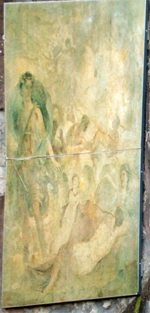 I.4.25 Pompeii. December 2004. Room 35, south wall of exedra near lower peristyle 32.
Reproduction of wall painting of Bacchus discovering the abandoned Ariadne.
Original now in Naples Archaeological Museum. Inventory number 9286.