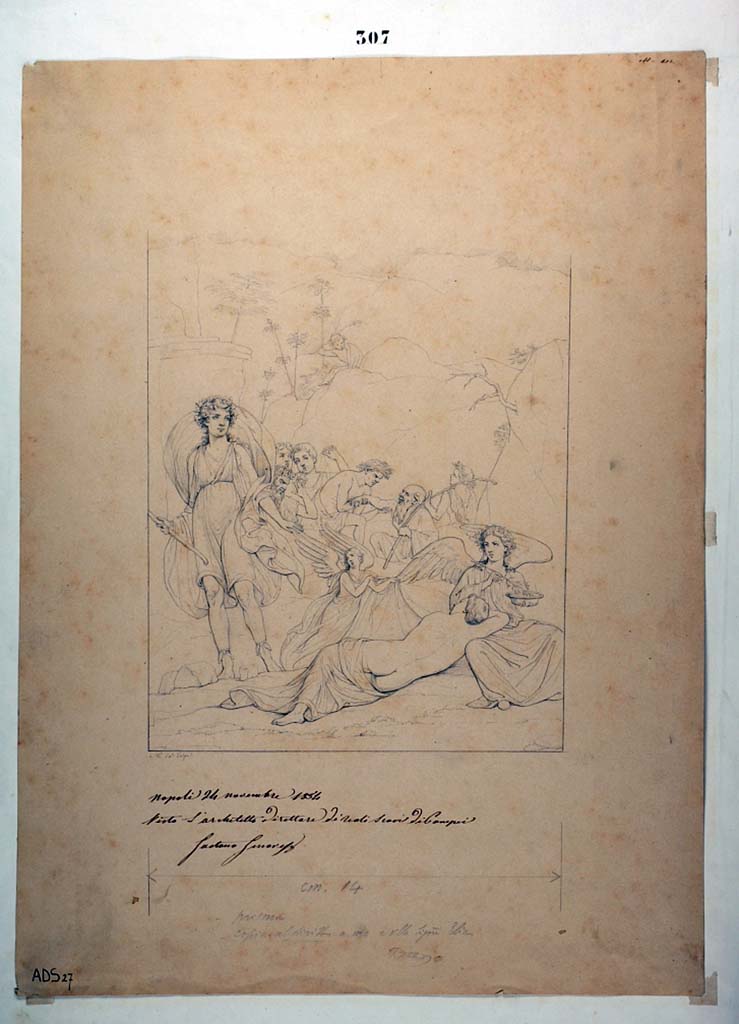 I.4.25 Pompeii. Room 35, south wall of exedra near lower peristyle 32.
Drawing by Nicola La Volpe, 24th November 1854, of wall painting of Bacchus discovering the abandoned Ariadne.
Now in Naples Archaeological Museum. Inventory number ADS 27.
Photo © ICCD. https://www.catalogo.beniculturali.it
Utilizzabili alle condizioni della licenza Attribuzione - Non commerciale - Condividi allo stesso modo 2.5 Italia (CC BY-NC-SA 2.5 IT)
See Kuivalainen, I., 2021. The Portrayal of Pompeian Bacchus. Commentationes Humanarum Litterarum 140. Helsinki: Finnish Society of Sciences and Letters, (p.146, E7).