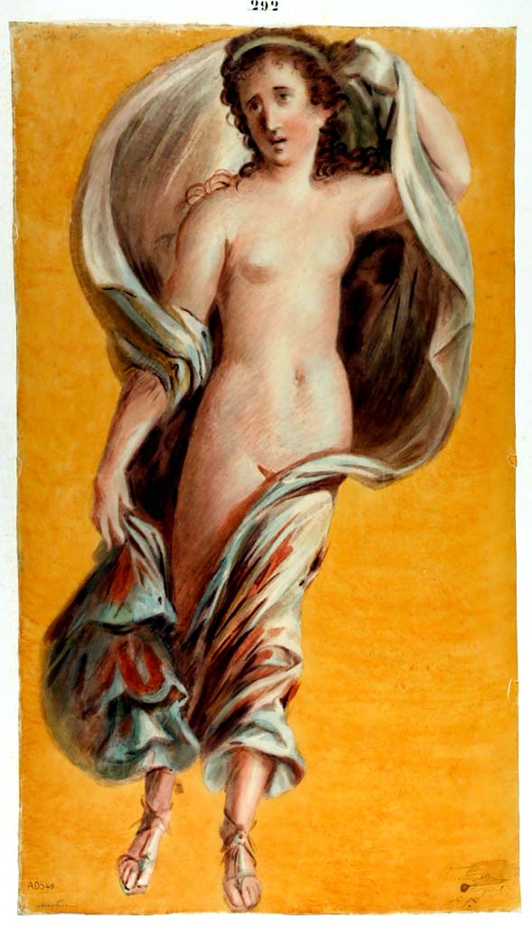 I.4.25 Pompeii. ADS 45. Painting by Michele Mastracchio, of female flying Bacchante on yellow background, 
According to Disegnatori, p.489, no.86, the above figure was from Exedra 35. 
Whereas according to p.372, 186/187, the same painting by Abbate below, the location was not recognisable.  
See Carratelli, G. P., 2003. Pompei: La documentazione nell'Opera di disegnatori e pittori dei secoli XVIII e XIX. Roma: Istituto della enciclopedia italiana, p.489, no.86, p.372, 186/187.
Now in Naples Archaeological Museum. Inventory number ADS 45.
Photo © ICCD. https://www.catalogo.beniculturali.it
Utilizzabili alle condizioni della licenza Attribuzione - Non commerciale - Condividi allo stesso modo 2.5 Italia (CC BY-NC-SA 2.5 IT)