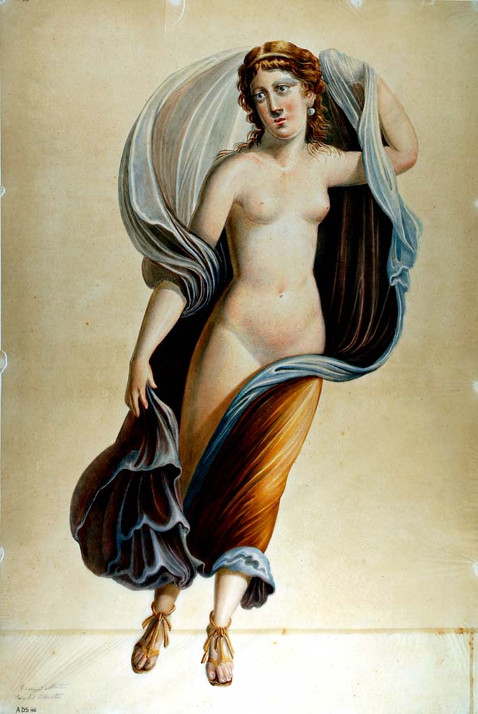 I.4.25 Pompeii. Painting by Giuseppe Abbate, of female flying figure.
Now in Naples Archaeological Museum. Inventory number ADS 46.
Photo © ICCD. https://www.catalogo.beniculturali.it
Utilizzabili alle condizioni della licenza Attribuzione - Non commerciale - Condividi allo stesso modo 2.5 Italia (CC BY-NC-SA 2.5 IT)