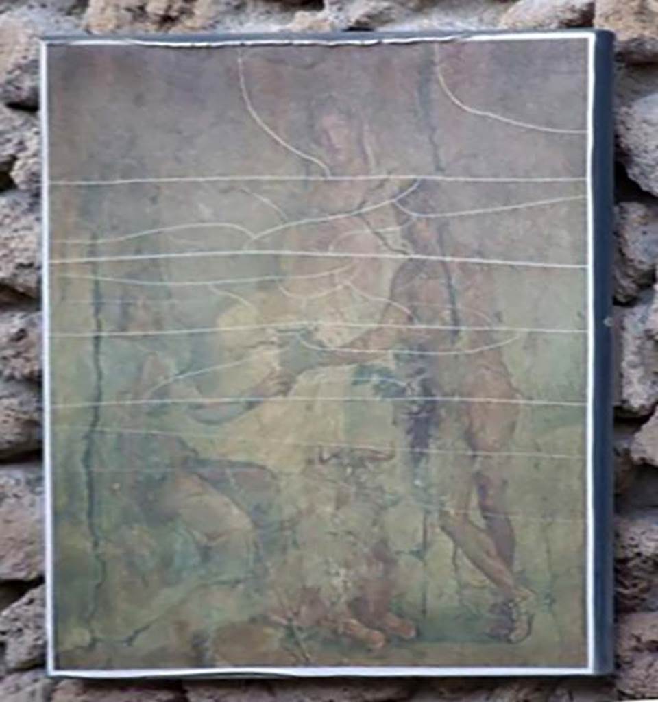 I.4.25 Pompeii. December 2007. Room 37, north wall of triclinium on west side of lower peristyle 32. 
Reproduction of wall painting of the myth of Io, Argo and Mercury. 
Now in Naples Archaeological Museum. Inventory number 9557.