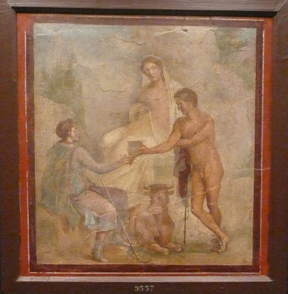 I.4.25 Pompeii. 
Room 37, north wall of triclinium on west side of lower peristyle 32. Wall painting of the myth of Io, Argo and Mercury. 
Now in Naples Archaeological Museum. Inventory number 9557.