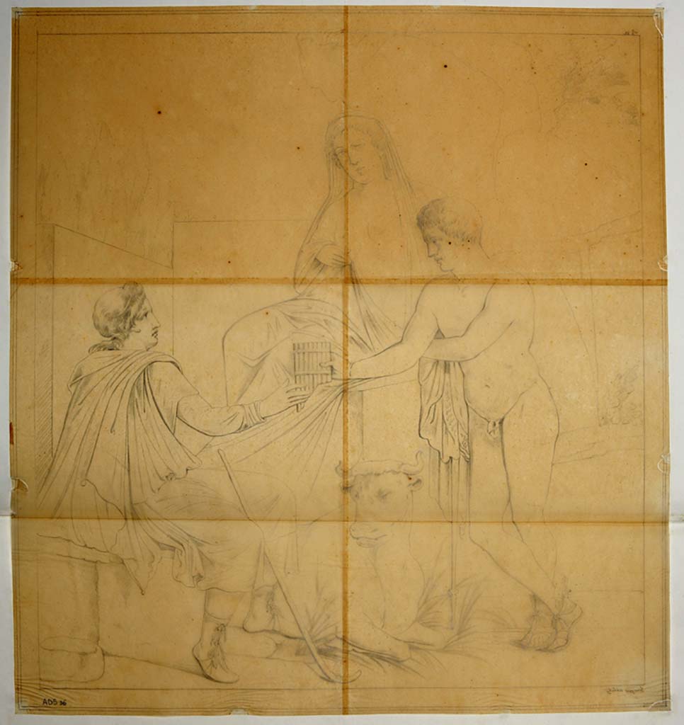 I.4.25 Pompeii. Room 37, north wall of triclinium on west side of lower peristyle 32. 
Drawing by Giuseppe Abbate of wall painting of the myth of Io, Argo and Mercury. 
See Helbig, W., 1868. Wandgemälde der vom Vesuv verschütteten Städte Campaniens. Leipzig: Breitkopf und Härtel, (137).
Now in Naples Archaeological Museum. Inventory number ADS 36.
Photo © ICCD. https://www.catalogo.beniculturali.it
Utilizzabili alle condizioni della licenza Attribuzione - Non commerciale - Condividi allo stesso modo 2.5 Italia (CC BY-NC-SA 2.5 IT)
