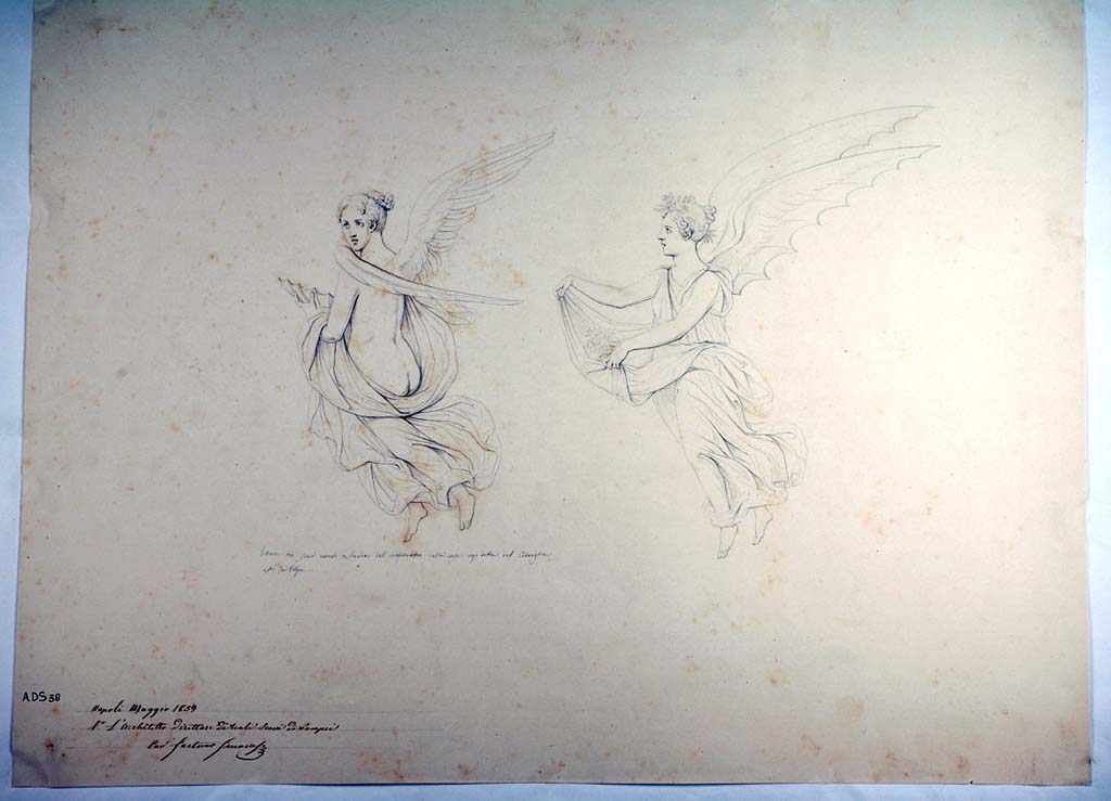 I.4.25 Pompeii. Room 37, panel with female flying figures, perhaps “Day” and “Night”.
The decoration on the walls has now faded away. 
See Helbig, W., 1868. Wandgemälde der vom Vesuv verschütteten Städte Campaniens. Leipzig: Breitkopf und Härtel, (1951).
Now in Naples Archaeological Museum. Inventory number ADS 38.
Photo © ICCD. http://www.catalogo.beniculturali.it
Utilizzabili alle condizioni della licenza Attribuzione - Non commerciale - Condividi allo stesso modo 2.5 Italia (CC BY-NC-SA 2.5 IT)