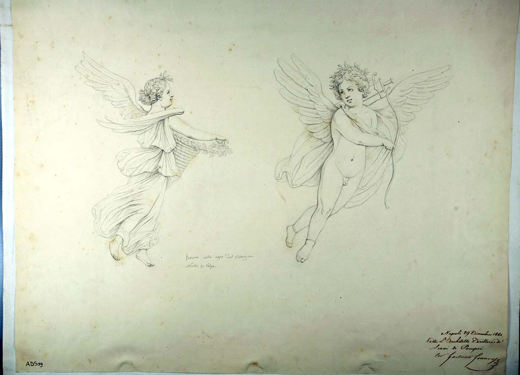 I.4.25 Pompeii. Room 37, panel with flying figures of Psyche and a Cupid. 
The decoration on the walls has now faded away. 
Now in Naples Archaeological Museum. Inventory number ADS 59.
Photo © ICCD. http://www.catalogo.beniculturali.it
Utilizzabili alle condizioni della licenza Attribuzione - Non commerciale - Condividi allo stesso modo 2.5 Italia (CC BY-NC-SA 2.5 IT)
