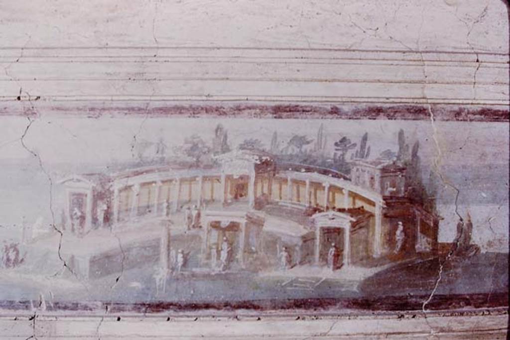 I.4.25 Pompeii. 1975. 
Landscape painting of maritime villa from outside edge of epistyle, seen from garden of middle peristyle 17. Photo by Stanley A. Jashemski.   
Source: The Wilhelmina and Stanley A. Jashemski archive in the University of Maryland Library, Special Collections (See collection page) and made available under the Creative Commons Attribution-Non-Commercial License v.4. See Licence and use details.
J75f0558