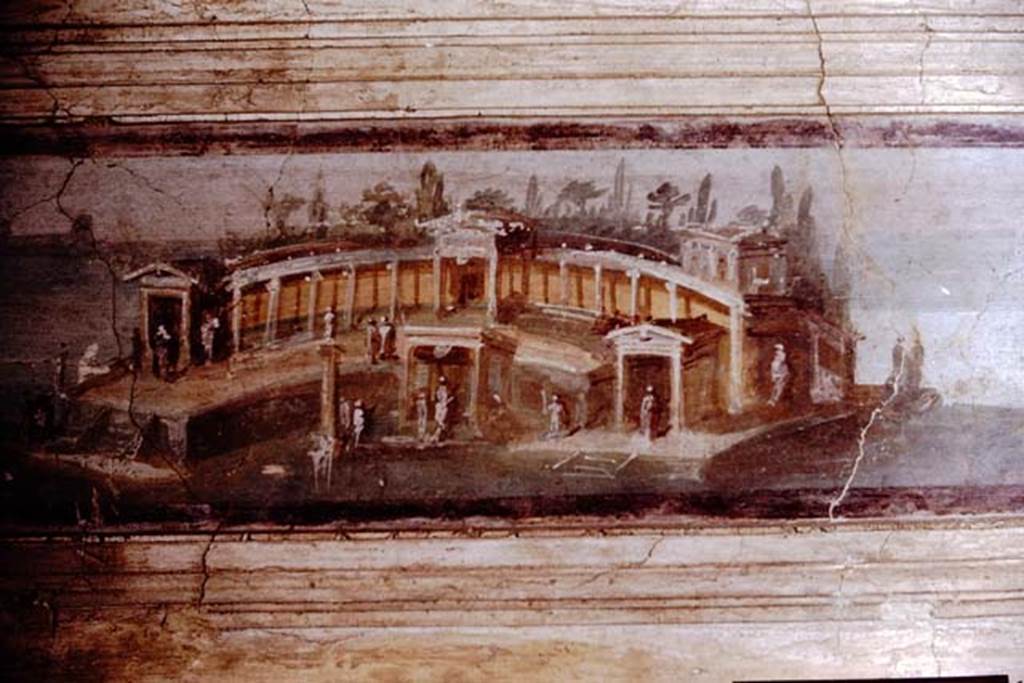 I.4.25 Pompeii. 1964. 
Landscape painting of maritime villa from outside edge of epistyle, seen from garden of middle peristyle 17. Photo by Stanley A. Jashemski.
Source: The Wilhelmina and Stanley A. Jashemski archive in the University of Maryland Library, Special Collections (See collection page) and made available under the Creative Commons Attribution-Non-Commercial License v.4. See Licence and use details.
J64f1042