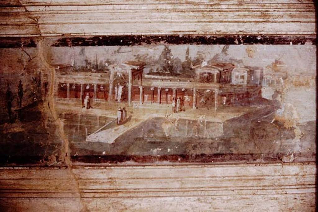 I.4.25 Pompeii. 1964. 
Landscape painting of maritime villa from outside edge of epistyle, seen from garden of middle peristyle 17. Photo by Stanley A. Jashemski.
Source: The Wilhelmina and Stanley A. Jashemski archive in the University of Maryland Library, Special Collections (See collection page) and made available under the Creative Commons Attribution-Non-Commercial License v.4. See Licence and use details.
J64f1043