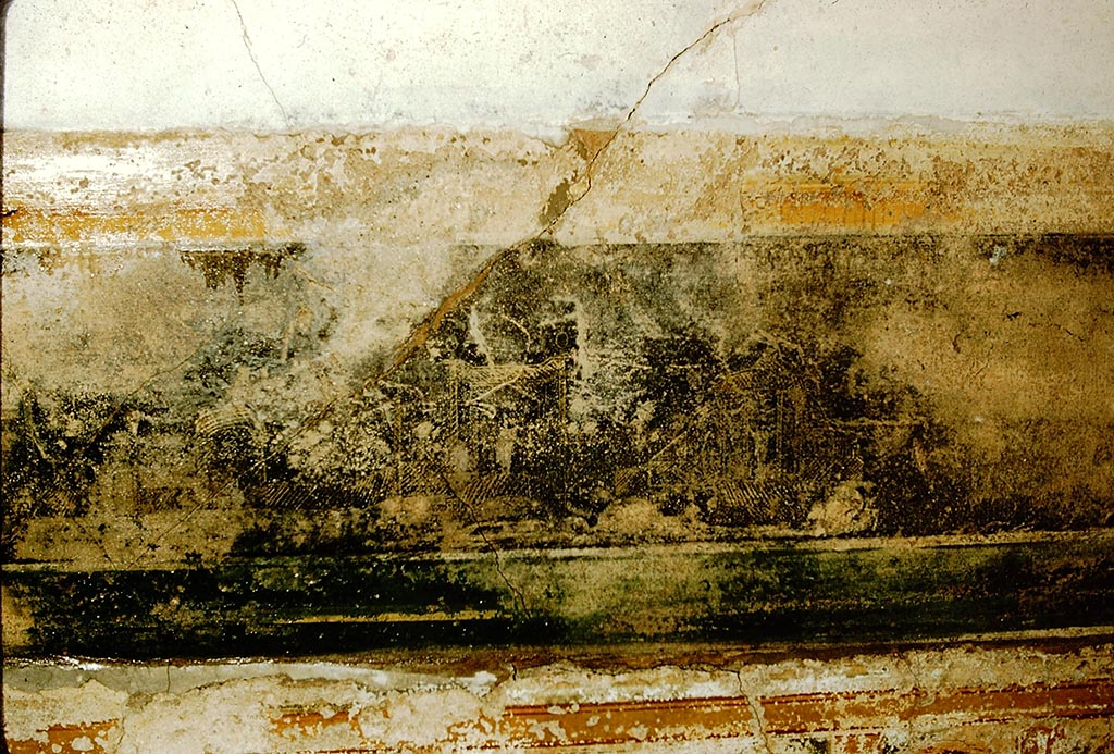 I.4.25 Pompeii. 1957. 
Room 19, east end of south wall of triclinium of Antiope. Garden painting on black predella, with aviary/bird cage. Photo by Stanley A. Jashemski.
Source: The Wilhelmina and Stanley A. Jashemski archive in the University of Maryland Library, Special Collections (See collection page) and made available under the Creative Commons Attribution-Non-Commercial License v.4. See Licence and use details.
J57f0328
See Carratelli, G. P., 1990-2003. Pompei: Pitture e Mosaici: Vol. I.  Roma: Istituto della enciclopedia italiana. (p.148, no.53).