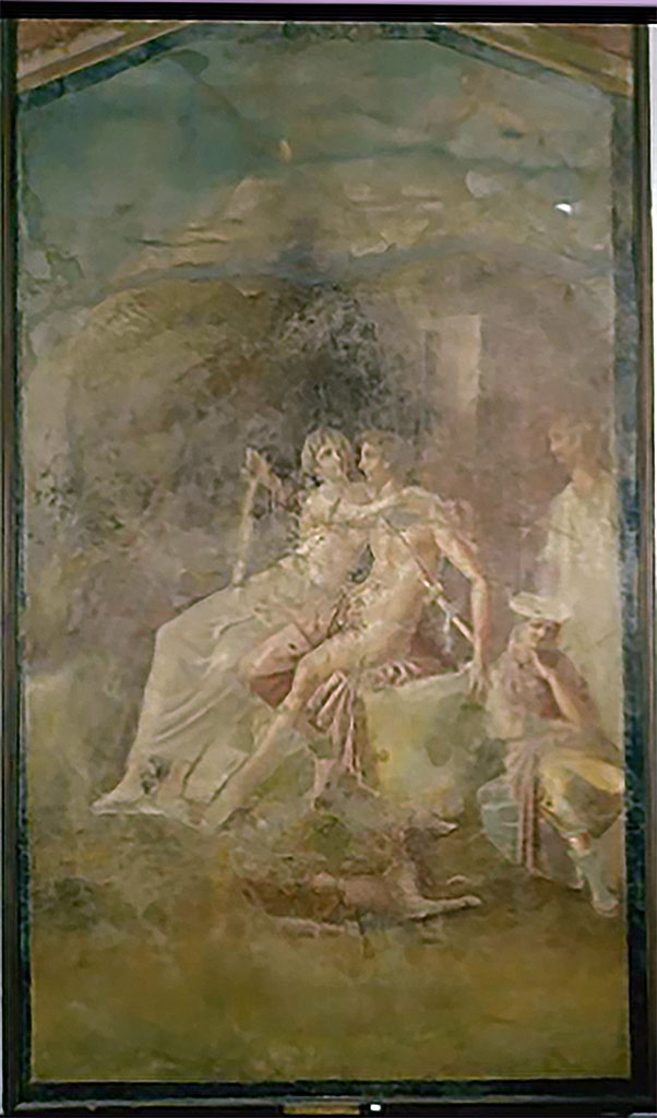 I.4.25 Pompeii. May 2001. 
Room 20, north wall of cubiculum of Mars and Venus. Painting of the Love of Mars and Venus.
Now in Naples Archaeological Museum. Inventory number 112282.