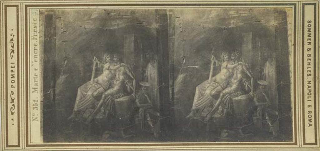I.4.25 Pompeii. Stereoview by Sommer and Behles, c.1867. Marte e Venere Fresco. Photo courtesy of Rick Bauer.
On the rear of the stereoview is a handwritten note – 
“Showing frescoe painting in the House of Diomedes in the ruins of Pompeii. Visited June 22nd 1867.” 
The fresco is now in Naples Archaeological Museum and was originally from 1.4.25 and not the House of Diomedes.