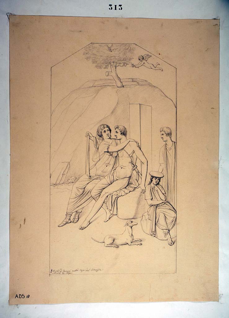 I.4.25 Pompeii. Room 20, north wall of cubiculum of Mars and Venus.
Drawing by Nicola La Volpe, of a painting of a couple, perhaps showing Aphrodite with a lover, or Enea and Didone?.
This painting was wrongly described as lost by Helbig, but is now in the Naples Archaeological Museum, inventory number 112282.
Now in Naples Archaeological Museum. Inventory number ADS 18.
Photo © ICCD. https://www.catalogo.beniculturali.it
Utilizzabili alle condizioni della licenza Attribuzione - Non commerciale - Condividi allo stesso modo 2.5 Italia (CC BY-NC-SA 2.5 IT)