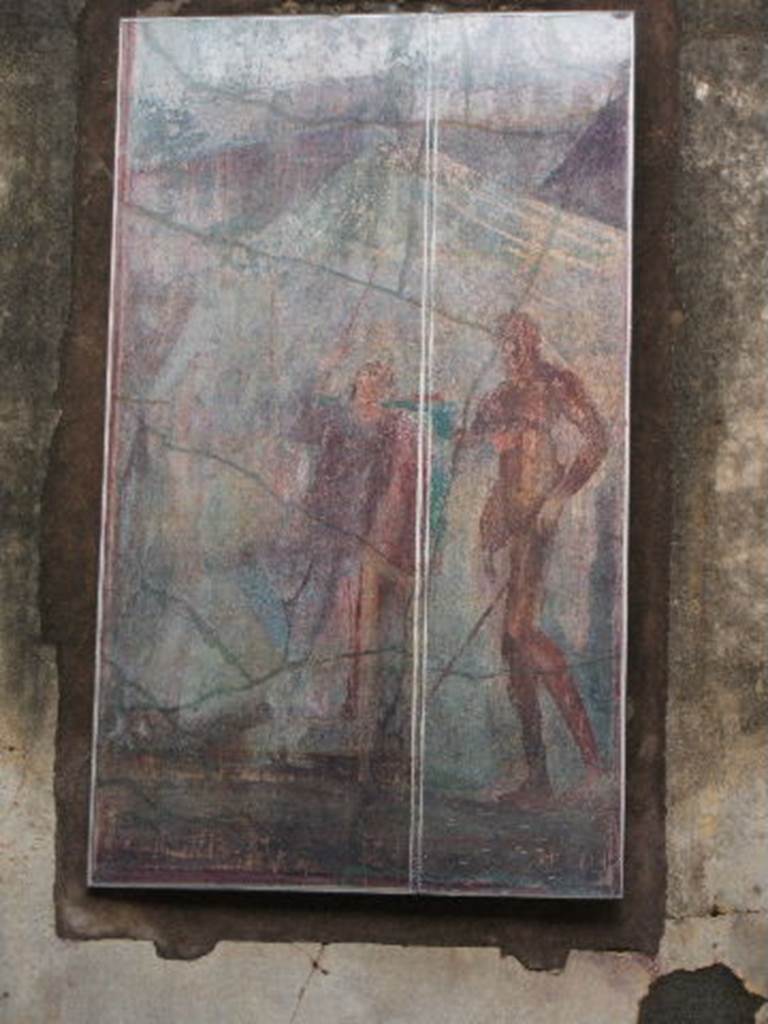 I.4.25 Pompeii. December 2004. Copy of a painting on east wall of room 20, cubiculum of Mars and Venus. 
Now in Naples Archaeological Museum. Inventory number 111472.
Variously interpreted as Apollo and Poseidon at the court of Laomedon, King of Troy or 
Achilles and Phoenix guarding the wounded Greek hero Telephus.