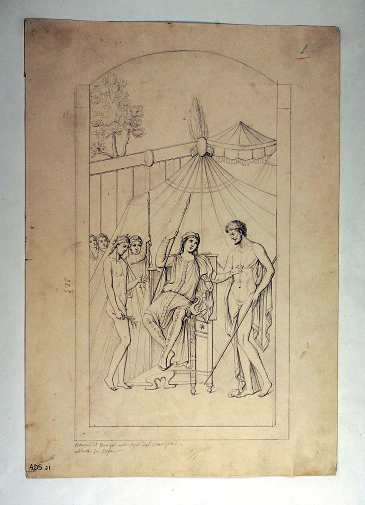 I.4.25 Pompeii. Room 20, east wall of cubiculum.
Drawing by Nicola La Volpe, of wall painting of an uncertain subject, seen on east wall. 
This was detached from the wall and sent to Naples Museum, inventory number 111472.
See Helbig, W., 1868. Wandgemälde der vom Vesuv verschütteten Städte Campaniens. Leipzig: Breitkopf und Härtel, (1401).
Now in Naples Archaeological Museum. Inventory number ADS 21.
Photo © ICCD. https://www.catalogo.beniculturali.it
Utilizzabili alle condizioni della licenza Attribuzione - Non commerciale - Condividi allo stesso modo 2.5 Italia (CC BY-NC-SA 2.5 IT)