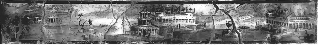I.4.25 Pompeii. December 2007. Middle peristyle 17. 
Landscape from above doorway in eastern end leading to antechamber of room 20.
Now in Naples Archaeological Museum. Inventory number 9496.
See Bullettino dell’Instituto di Corrispondenza Archeologica (DAIR), 1911 Taf. VI, 1.