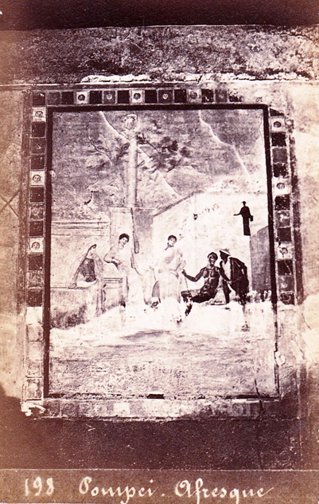 I.4.25 Pompeii. Room 21. 
19th century photograph no. 198 of painting of the Judgement of Paris on north wall of oecus.
Now in Naples Archaeological Museum. Inventory number 120033.
Photo courtesy of Espen B. Andersson.