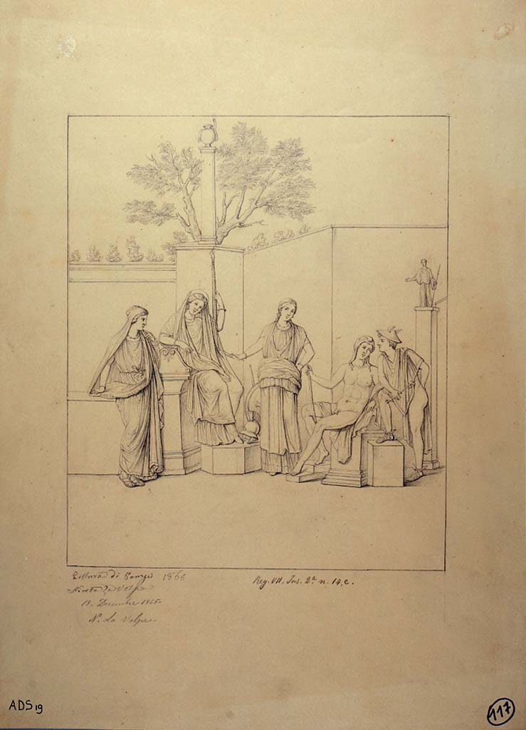 I.4.25 Pompeii. Room 21, north wall of oecus. 
Drawing by Nicola La Volpe, 18th December 1865, of painting of Judgement of Paris, from north wall.
See Helbig, W., 1868. Wandgemälde der vom Vesuv verschütteten Städte Campaniens. Leipzig: Breitkopf und Härtel, (1286).
Now in Naples Archaeological Museum. Inventory number ADS 19.
Photo © ICCD. https://www.catalogo.beniculturali.it
Utilizzabili alle condizioni della licenza Attribuzione - Non commerciale - Condividi allo stesso modo 2.5 Italia (CC BY-NC-SA 2.5 IT)
