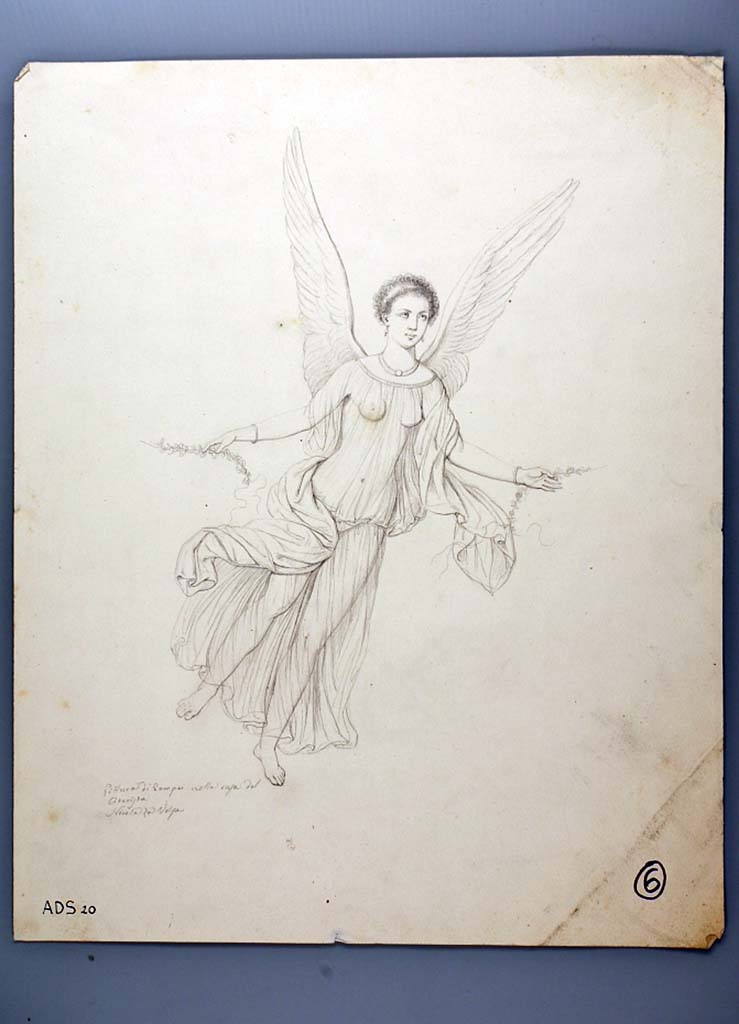 I.4.25 Pompeii. Room 21, painted flying Vittoria from a wall of oecus. 
Drawing by Nicola La Volpe, of a painting left in situ, and now faded and disappeared.
Now in Naples Archaeological Museum. Inventory number ADS 20.
Photo © ICCD. https://www.catalogo.beniculturali.it
Utilizzabili alle condizioni della licenza Attribuzione - Non commerciale - Condividi allo stesso modo 2.5 Italia (CC BY-NC-SA 2.5 IT)