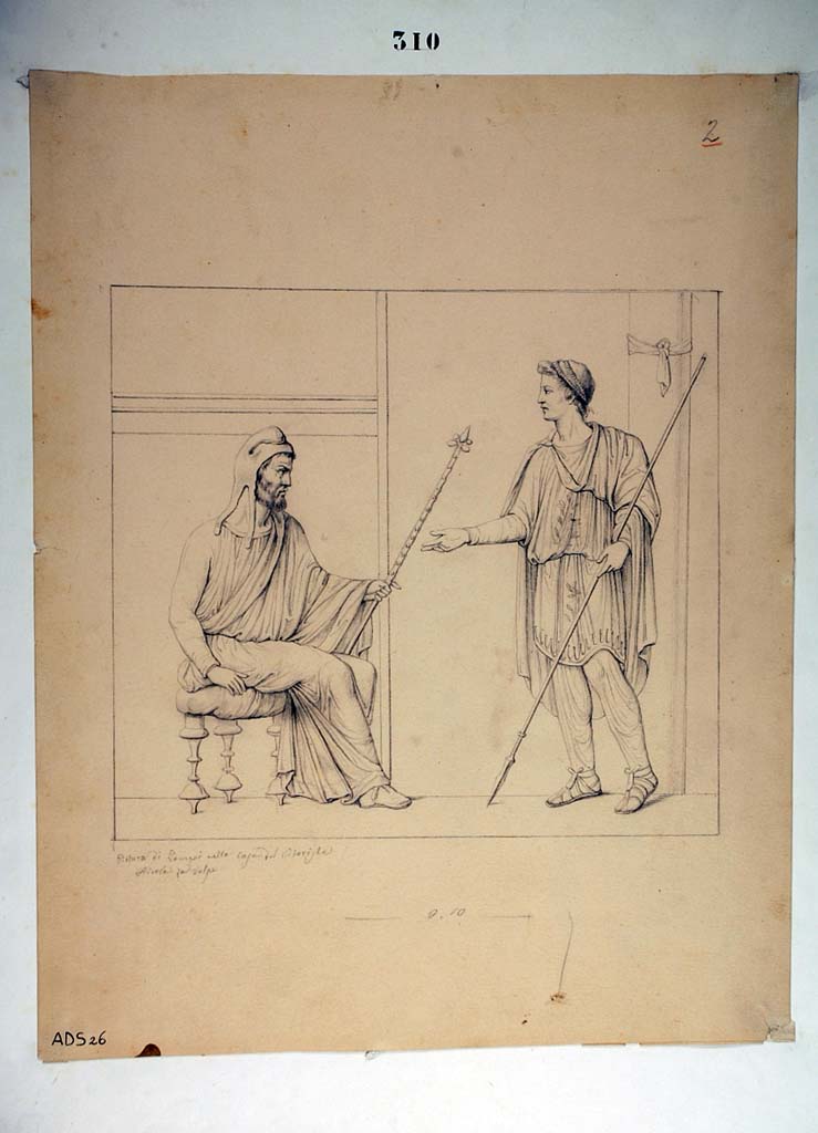 I.4.25 Pompeii. Room 23, north wall of cubiculum. 
Drawing by Nicola La Volpe of a painting of a messenger standing in front of an oriental king.
This painting was left in situ and has now faded and decomposed.
Now in Naples Archaeological Museum. Inventory number ADS 26.
Photo © ICCD. http://www.catalogo.beniculturali.it
Utilizzabili alle condizioni della licenza Attribuzione - Non commerciale - Condividi allo stesso modo 2.5 Italia (CC BY-NC-SA 2.5 IT)