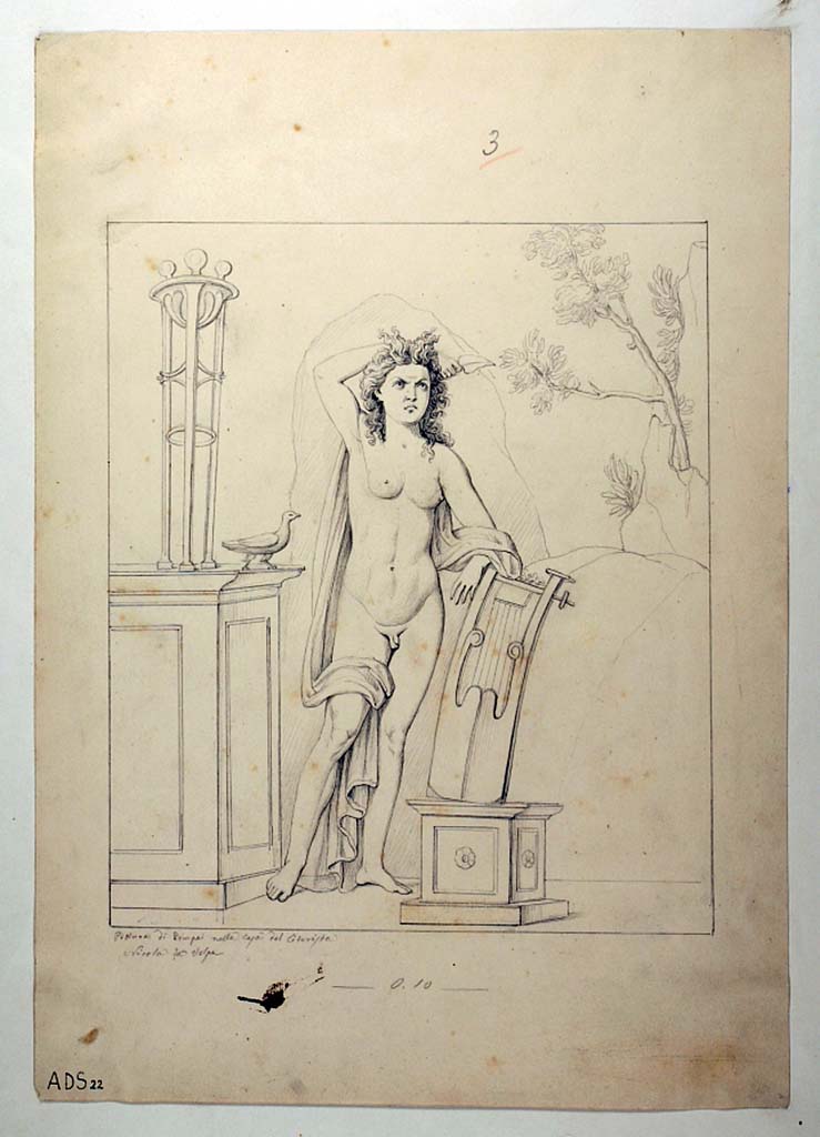 I.4.25 Pompeii. Room 23, east wall of cubiculum. 
Drawing by Nicola La Volpe of painting of Apollo and his lyre.
The painting was left in situ, and is in a bad state of preservation today, but still recognisable.
Now in Naples Archaeological Museum. Inventory number ADS 22.
Photo © ICCD. http://www.catalogo.beniculturali.it
Utilizzabili alle condizioni della licenza Attribuzione - Non commerciale - Condividi allo stesso modo 2.5 Italia (CC BY-NC-SA 2.5 IT)