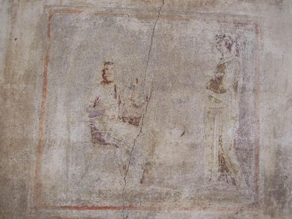 I.4.25 Pompeii. December 2006. Room 23, south wall of cubiculum. Remains of a wall painting of a musical contest. 
On the left sits an old crowned king with a plectrum in his hand and a lyre on his knee. 
In front of him stands is a young girl dressed in yellow and playing a seven-string lyre. 
See Helbig, W., 1868. Wandgemälde der vom Vesuv verschütteten Städte Campaniens. Leipzig: Breitkopf und Härtel. (1378b, p.309).