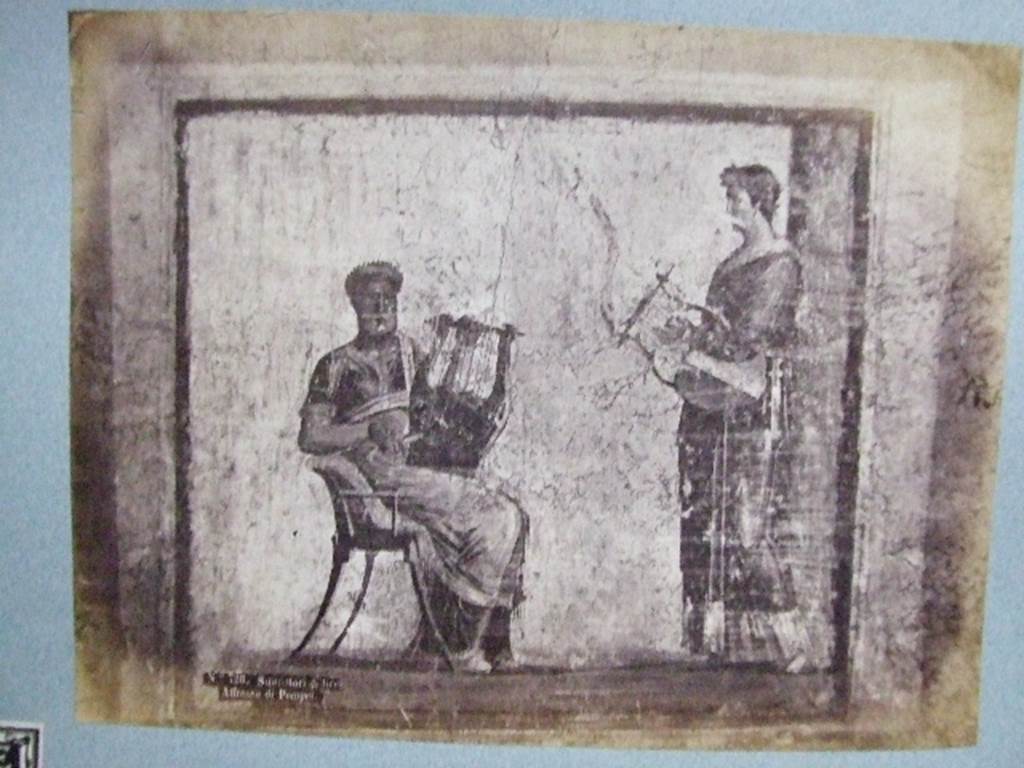 I.4.25 Pompeii. Room 23, south wall of cubiculum. Old undated photograph of a wall painting of a musical contest. 
Courtesy of Society of Antiquaries, Fox Collection. See preceding photograph taken in 2006.
