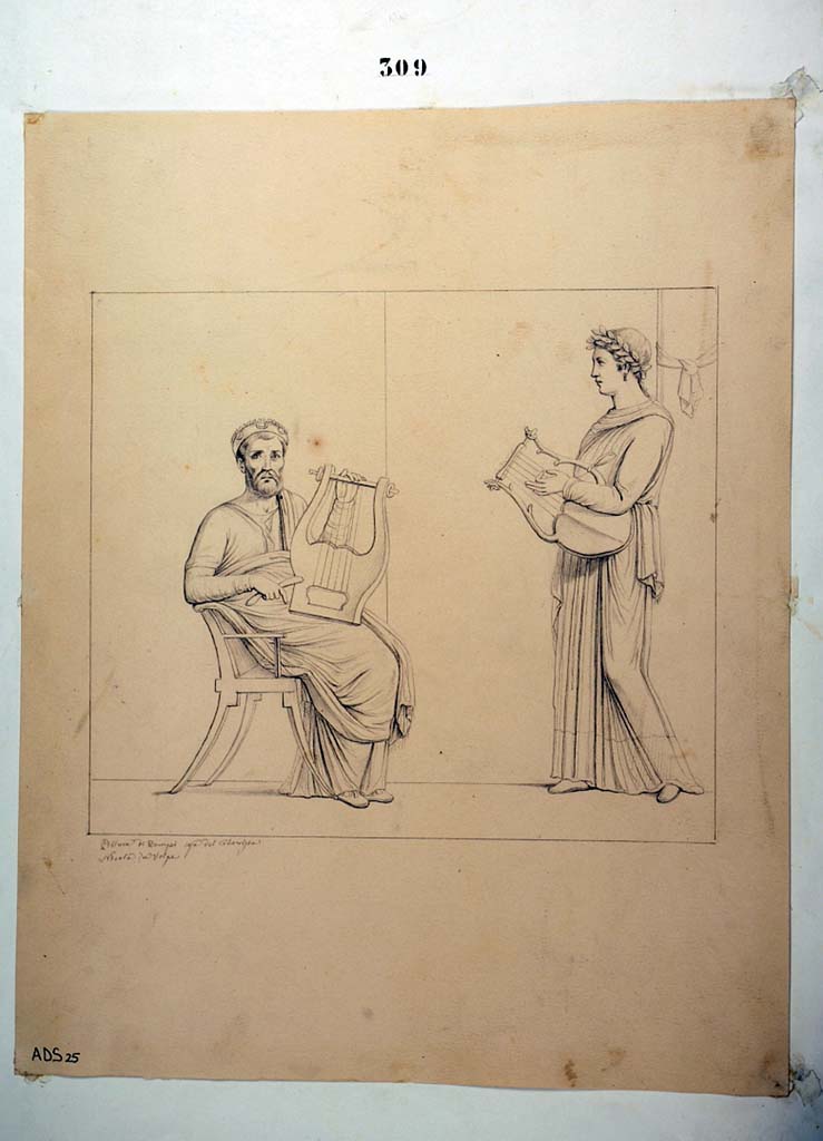 I.4.25 Pompeii. Room 23, south wall of cubiculum. 
Drawing by Nicola La Volpe of painting of Pindar and Corinna.
Now in Naples Archaeological Museum. Inventory number ADS 25.
Photo © ICCD. http://www.catalogo.beniculturali.it
Utilizzabili alle condizioni della licenza Attribuzione - Non commerciale - Condividi allo stesso modo 2.5 Italia (CC BY-NC-SA 2.5 IT)