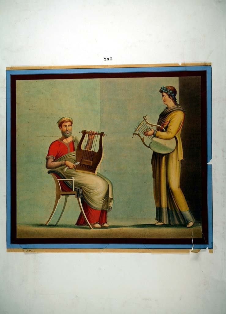 I.4.25 Pompeii. Room 23, south wall of cubiculum. 
Painting by Nicola La Volpe, of above drawing of painting of Pindar and Corinna.
Now in Naples Archaeological Museum. Inventory number ADS 24.
Photo © ICCD. http://www.catalogo.beniculturali.it
Utilizzabili alle condizioni della licenza Attribuzione - Non commerciale - Condividi allo stesso modo 2.5 Italia (CC BY-NC-SA 2.5 IT)