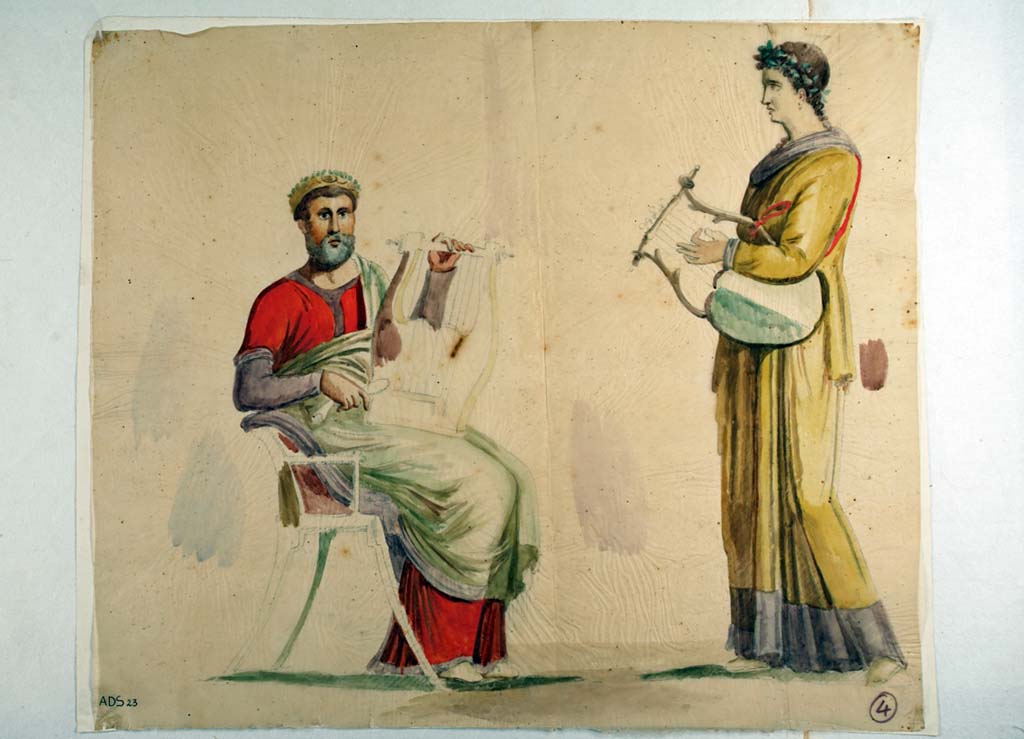 I.4.25 Pompeii. Room 23, south wall of cubiculum. 
This painting was attributed to Nicola La Volpe on the grounds of the drawing and painting above.
However, Helbig attributed it to Michele Mastracchio.
See Helbig, W., 1868. Wandgemälde der vom Vesuv verschütteten Städte Campaniens. Leipzig: Breitkopf und Härtel. (1378b, p.309).
Now in Naples Archaeological Museum. Inventory number ADS 23.
Photo © ICCD. http://www.catalogo.beniculturali.it
Utilizzabili alle condizioni della licenza Attribuzione - Non commerciale - Condividi allo stesso modo 2.5 Italia (CC BY-NC-SA 2.5 IT)