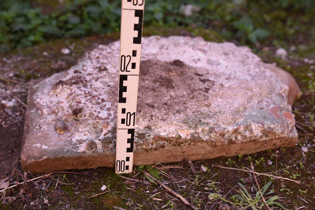 I.4.25/I.4.5 Pompeii. October 2019. Tepidarium 40, detail of height of terracotta slab/tile in south-east corner.
Foto Tobias Busen, ERC Grant 681269 DÉCOR.