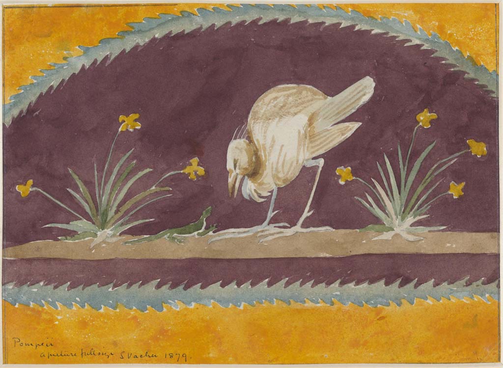 I.4.25 Pompeii. c.1879. 
Painting by Sydney Vacher, of painted panel of bird and lizard, from the north wall of upper peristyle 56 at east end. 
Photo © Victoria and Albert Museum, inventory number E.4393-1910.