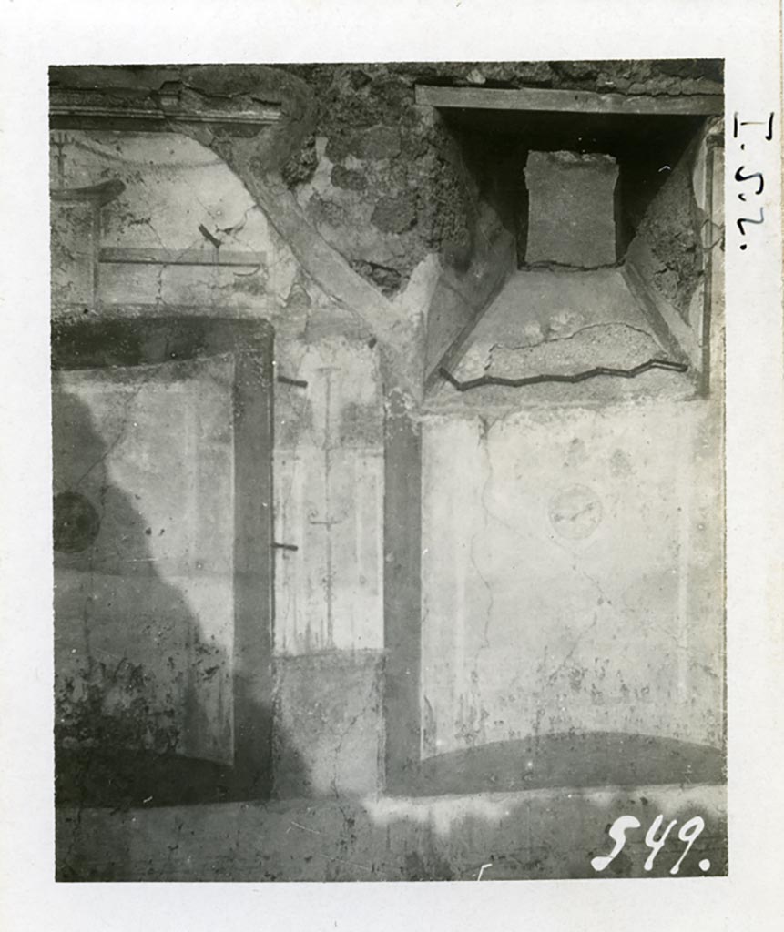 I.5.2 Pompeii. 1936.  
Central and eastern panel on north wall of small room, with window onto Vicolo del Conciapelle, on right. 
Photo courtesy of American Academy in Rome, Photographic Archive. Warsher collection no. 549.